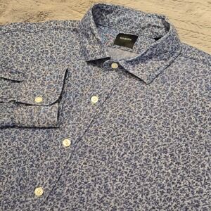 Kinross Mens XL Blue Floral 100% Linen Button Down Shirt Long Sleeve Made in USA